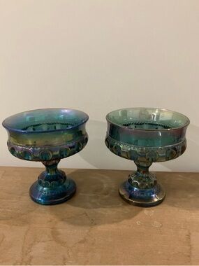 Iridescent Blue Carnival Glass Candy Dishes Pair - Decorative Home Accents